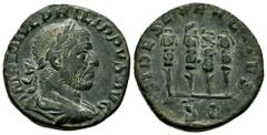Roman Imperial Philip I. Sestertius. 244-249 AD. Rome. (Ric-171a). (Ch-51). Anv.: IMP M IVL PHILIPPVS AVG, laureate, draped and cuirassed bust right. Rev.: FIDES EXERCITVS, S C in exergue, four standa