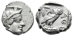 Greek Coins Attica. Tetradrachm. 420-404 BC. Athens. (Gc-2526). (Sng Cop-31). Anv.: Head of Athena right, wearing crested Attic helmet ornamented with three olive leaves above visor and spiral palmett