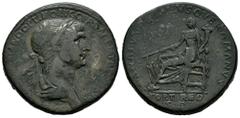 Roman Imperial Trajan. Sestertius. 114-117 d.C. Rome. (Ric-651). Anv.: (IMP CAES TRA)IANO OPTIMO AVG GER DAC P M TR P (COS VI P P), laureate and draped bust right. Rev.: SENATVS POPVLVSQVE ROMANVS, Fo