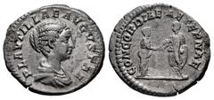 Roman Imperial Plautilla. Denarius. 202 d.C. Rome. (Ric-361 (Caracalla)). Anv.: PLAVTILLAE AVGVSTAE, draped bust to right. Rev.: CONCORDIAE AETERNAE, Plautilla and Caracalla standing facing, clasping 