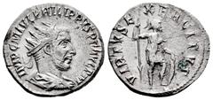 Roman Imperial Philip I. Antoninianus. 244 d.C. Antioch. (Ric-IV 71). Anv.: IMP C M IVL PHILIPPVS P F AVG P M, radiate, draped and cuirassed bust right. Rev.: VIRTVS EXERCITVS, Virtus standing right h