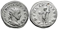 Roman Imperial Philip II. Antoninianus. 244-247 d.C. Rome. (Ric-218d). Anv.: M IVL PHILIPPVS CAES. Radiate and draped bust right. Rev.: PRINCIPI IVVENT. Philip standing left, holding globus and spear.