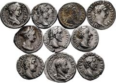 Large Lots Lot of 10 coins from the Roman Empire. Denarius with a variety of reverses and Emperors such as Commodus, Marcus Aurelius, Antoninus Pius, Faustina I, Trajan, Sabina, Hadrian, Alexander Sev
