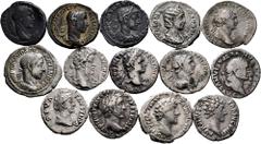 Large Lots Lot of 14 coins from the Roman Empire. Denarius with a variety of reverses and Emperors such as Vespasianus, Domitianus, Commodus, Marcus Aurelius, Antoninus Pius, Faustina I, Trajan, Hadri