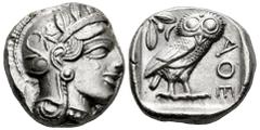 Greek Coins Attica. Tetradrachm. 420-404 BC. Athens. (Gc-2526). (Sng Cop-31). Anv.: Head of Athena right, wearing crested Attic helmet ornamented with three olive leaves above visor and spiral palmett