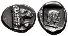 Greek Coins Caria. Knidos. Drachm. 490-465 BC. (Cahn 64/2 and pl. 15, 64 this coin, V31/R48). (Sng Cop-217 (same dies)). Anv.: Forepart of a roaring lion to right. Rev.: Head of Aphrodite to right, we