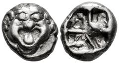 Greek Coins Mysia. Parion. Drachm. 5th century BC. (Sng BN-1351-2). Anv.: Facing gorgoneion with protruding tongue. Rev.: Disorganized linear pattern within incuse square. Ag. 4,05 g. VF. Est...350,00