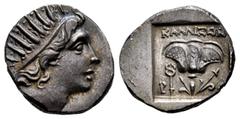Greek Coins Rhodos. Rhodes. Drachm. 167-88 BC. (Sng Aulock-2828). Anv.: Radiate head of Helios right. Rev.: Rose with bud on r., between P and caduceus on left and (O) on right; above, name KAAAI=EIN.