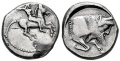 Greek Coins Sicily. Gela. Didrachm. 490/85-480/75 BC. (Hgc-2, 363). Anv.: Nude horseman galloping right, brandishing a spear overhead. Rev.: CEΛA(Σ), Forepart of man-headed bull right. Ag. 8,43 g. Ton
