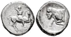 Greek Coins Sicily. Gela. Didrachm. 420-415 BC. (Sng Cop-271). (Jameson-191 This Obverse die). (Sng Ashmolean-1740 This Obverse die). Anv.: Rider galloping right, wearing Phrygian helmet, short chiton