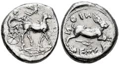 Greek Coins Sicily. Messana. Tetradrachm. 450-420 BC. (Sng Ans-343). (Dewing-643 similar). Anv.: Charioteer, holding reins in his right hand and kentron in his left, driving biga of mules to right; ab