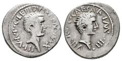 Roman Imperatorial Lepidus and Octavian (Agustus). Denarius. 42 BC. Galia. (Ffc-5). (Craw-495/2a). (Cal-111). Anv.: LEPIDVS PONT. MAX. lll V.R.P.C., (NT and MA interlace), head of Augustus right. Rev.