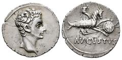 Roman Imperatorial Augustus. Denarius. 18-17/16 BC. Colonia Patricia (Córdoba). (Ffc-14). (Ric-126). (Cal-808). Anv.: Bare head of Augustus right. Rev.: AVGVSTVS below capricorn right bearing cornucop