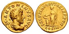 Roman Imperial Marcus Aurelius. Aureus. 162-163 AD. Rome. (Cal-1919). Anv.: M ANTONINVS AVG. Laureate bust, draped and armored to right. Rev.: SALVTI AVGVSTOR TR P XVII, in exergue COS III. Salus stan