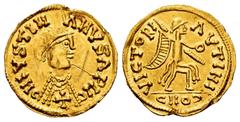 Visigothic Coins Pseudo-imperial coinage. In the name of Justinianus I. Tremissis. (Mateu y Llopis-33 similar). Anv.: NIVSTINIANVSAPII. Rev.: VICTORIAAVTINI / CIIOↃ. Au. 1,44 g. Scratches on obverse. 