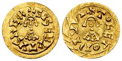 Visigothic Coins Sisebuto (612-621). Tremissis. Toledo. (R. Pliego-267a). (Cnv-229). Anv.: + SISEBVTVS REX. Rev.: + TOLETO PIVS. Au. 1,47 g. Almost XF. Est...650,00. Spanish description: Sisebuto (612