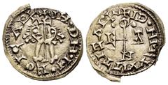 Visigothic Coins Egica and Witiza (698-702). Tremissis. Egitania. (Cnv-578.7 var). (R. Pliego-unlisted). Anv.: + IN·DH·M·EGICAP+. Rev.: + ID·NM:VVITTIZAP+. Au. 1,19 g. Dots at the top of the monogram.