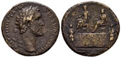Roman Imperial Antoninus Pius. Sestertius. 140-144 AD. Rome. (Ric-III 628). (Bmcre-1293). Anv.: ANTONINVS AVG PIVS P P TR P COS III, laureate head to right. Rev.: Emperor and Marcus Aurelius seated to