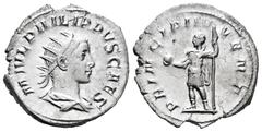 Roman Imperial Philip II. Antoninianus. 244-246 AD. Rome. (Ric-218d). (Rsc-48). Rev.: PRINCIPI IVVENT, Prince standing to left, holding globe and spear. Ag. 3,82 g. Almost XF. Est...40,00. Spanish Des
