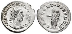 Roman Imperial Gallienus. Antoninianus. 254 AD. Rome. (Ric-181). Rev.: CONCORDIA EXERCIT, Concordia standing left, holding patera and double cornucopia. Ag. 2,75 g. Rare. Almost XF/Choice VF. Est...90