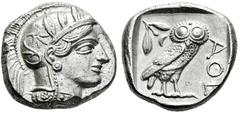 Greek Coins Attica. Tetradrachm. 454-404 BC. Athens. (Gc-2526). (Sng Cop-31). Anv.: Head of Athena right. Rev.: Owl standing to right with head facing, olive sprig and crescent behind, ΑΘΕ before; all