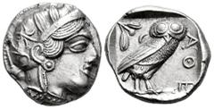 Greek Coins Attica. Tetradrachm. 420-404 BC. Athens. (Gc-2526). (Sng Cop-31). Anv.: Head of Athena right, wearing crested Attic helmet ornamented with three olive leaves above visor and spiral palmett
