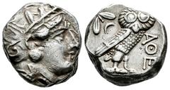 Greek Coins Attica. Athens. Tetradrachm. 353-294 BC. (Sng Cop-63). (Hgc-4, 1599). Anv.: Head of Athena to right, wearing earring, necklace, and crested Attic helmet decorated with three olive leaves o