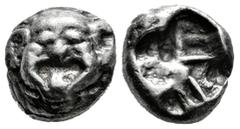 Greek Coins Mysia. Parion. Drachm. Century V BC. (Sng Cop-256). (Sng Bnf-1351/2). Anv.: Facing gorgoneion, with mouth open and tongue protruding. Rev.: Rough square incuse. Ag. 3,94 g. A good sample f