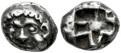 Greek Coins Mysia. Parion. Drachm. 550-520 BC. (Sng Cop-256). (Rosen-525). (Asyut-612). Anv.: Facing head of gorgoneion with open mouth and protruding tongue. Rev.: Irregular incuse punch. Ag. 3,41 g.