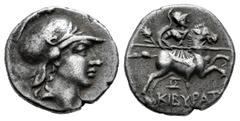 Greek Coins Phrygia. Kibyra. Drachm. 166-84 BC. (Sng von Aulock-3711). Anv.: Young male head to right, wearing crested helmet. Rev.: Helmeted and cuirassed horseman galloping to right, wielding spear 
