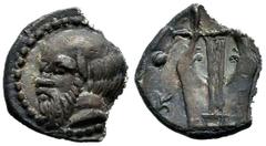 Greek Coins Sicily. Catane. Trionkion. 450-440 BC. Anv.: Head of a bearded, bald Silenus with ears of animal left. Rev.: K-(A) Cithara. Ag. 0,16 g. Broken planchet. Wonderful toned. Excellent style. A