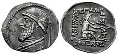 Greek Coins Kingdom of Parthia. Mithradates II. Drachm. 120-109 BC. Ekbatana. (Sellwood-24.10). (Shore-70). Anv.: Diademed bust to left. Rev.: BAΣIΛEΩΣ MEΓAΛOV APΣAKOV ΕΠIΦANOVΣ, archer (Arsakes I) se