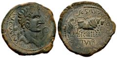 Celtiberian Coins Caesaraugusta. Augustus period. Unit. 27 BC - 14 AD. Zaragoza. (Abh-322). Anv.: AVGVSTVS. (DIVI. F). Laureate head of Augustus right, lituus and simpulum. Rev.: Pair of oxen right, I
