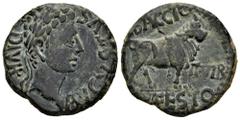 Celtiberian Coins Kelse-Celsa. Augustus period. Unit. 27 BC - 14 AD. Velilla de Ebro (Zaragoza). (Abh-809). Anv.: AVGVSTVS. DIVI. F. Laureate head of Augustus right. Rev.: Bull standing right, legend 