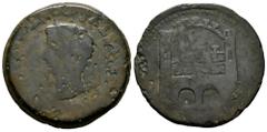 Celtiberian Coins Emerita Augusta. Time of Tiberius. Dupondius. 14-36 AD. Mérida (Badajoz). (Abh-1037). Anv.: TI. CAESAR. AVGVSTVS. PONT. MAX. IMP. Laureate head of Tiberius left. Rev.: City gate, AVG