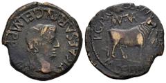 Celtiberian Coins Turiaso. Augustus period. Unit. 27 BC - 14 AD. Tarazona (Zaragoza). (Abh-2454). Anv.: TI. CAESAR. AVGVST. F. IMPER. around laureate head of Tiberius right. Rev.: Bull right, MVN TVR.