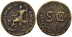 Roman Imperatorial Augustus. Sestertius. 80-81 AD. Struck under Titus in Thrace. (Ric-II 184 (Titus)). (Rpc-II 511). (Bmcre-261 (Titus)). Anv.: DIVVS AVGVSTVS PATER, Augustus, radiate, seated left, ho