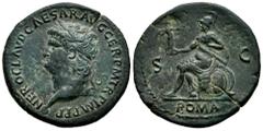 Roman Imperial Nero. Sestertius. 65 AD. Rome. (Ric-I 274). (Bmcre-178). Anv.: NERO CLAVD CAESAR AVG GER P M TR P IMP P P, laureate head to left. Rev.: Roma seated to left on cuirass, holding Victory a
