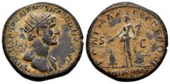 Roman Imperial Hadrian. Dupondius. 118 AD. Rome. (Ric-161). Rev.: PON[T MAX T]R POT COS II, Annona standing to left, holding corn ears and cornucopiae, modius at feet. ANNONA AVG in exergue, S-C acros