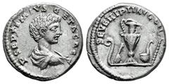 Roman Imperial Geta. Denarius. 203 AD. Rome. (Ric-3). (Rsc-188). Anv.: P SEPTIMIVS GETA CAES, bare-headed and draped bust rightr . Rev.: SEVERI PII AVG FIL, emblems of the pontificate: lituus, knife, 