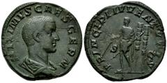 Roman Imperial Maximus. Sestertius. 236-238 AD. Rome. (Ric-IV 13). (C-14). Anv.: MAXIMVS CAES GERM, bare-headed and draped bust to right. Rev.: PRINCIPI IVVENTVTIS, Maximus standing to left, holding b