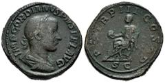 Roman Imperial Gordian III. Sestertius. 240 AD. Rome. (Ric-IV 294a). (C-231). (Banti-68). Anv.: IMP GORDIANVS PIVS FEL AVG, laureate, draped and cuirassed bust to right. Rev.: P M TR P III COS P P, Go