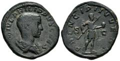 Roman Imperial Philip II. Sestertius. 244-246 AD. Rome. (Ric-IV 255a). (C-55). Anv.: M IVL PHILIPPVS CAES, bare-headed and draped bust to right. Rev.: PRINCIPI IVVENT, Prince standing to right, holdin