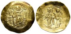 Byzantine Empire John II. Hyperpyron. 1118-1143 AD. Thessalonica. (Sear-1949). Anv.: Christ enthroned facing. Rev.: Facing figure of John, on left, wearing stemma, divitision and loros and holding glo