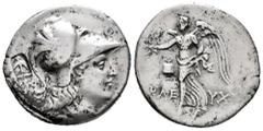 Greek Coins Pamphylia. Side. Tetradrachm. 205-100 BC. Kleuch magistrate. (Sng France-699). Anv.: Head of Athena right, wearing crested Corinthian helmet. Rev.: Nike advancing left, holding wreath; pom