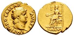 Roman Imperial Nero. Aureus. 66-68 AD. Rome. (Ric-unlisted). (Cal-444). (Ch-315). Anv.: IMP NERO CΛESΛR ΛVG P P, laureate head right. Rev.: SALVS, draped, seated left on ornamented throne, holding pat