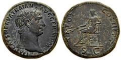 Roman Imperial Trajan. Sestertius. 101-102 AD. Rome. (Ric-II 432). (Woytek-107a). (Banti-336). Anv.: IMP CAES NERVA TRAIAN AVG GERM P M, laureate head to right. Rev.: TR POT COS IIII P P, Pax seated t