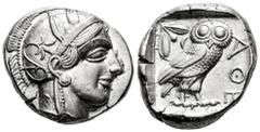 Greek Coins Attica. Tetradrachm. 454-404 BC. Athens. (Gc-2526). (Sng Cop-31). Anv.: Head of Athena right, wearing crested Attic helmet ornamented with three olive leaves above visor and spiral palmett