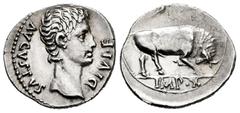 Roman Imperatorial Augustus. Denarius. 15-13 BC. Lugdunum. (Ffc-108). (Ric-167a). (Cal-826). Anv.: AVGVSTVS DIVI. F. bare head of Augustus right. Rev.: IMP. X. in exergue, bull butting right. Ag. 3,82
