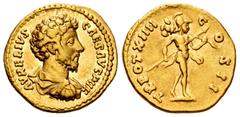 Roman Imperial Marcus Aurelius. Aureus. 159-160 AD. Rome. (Ric-481c). (Calicó-1976). Anv.: AVRELIVS CAESAR AVG P II F, bare headed, draped and cuirassed bust right. Rev.: TR POT XIIII COS II, Mars adv